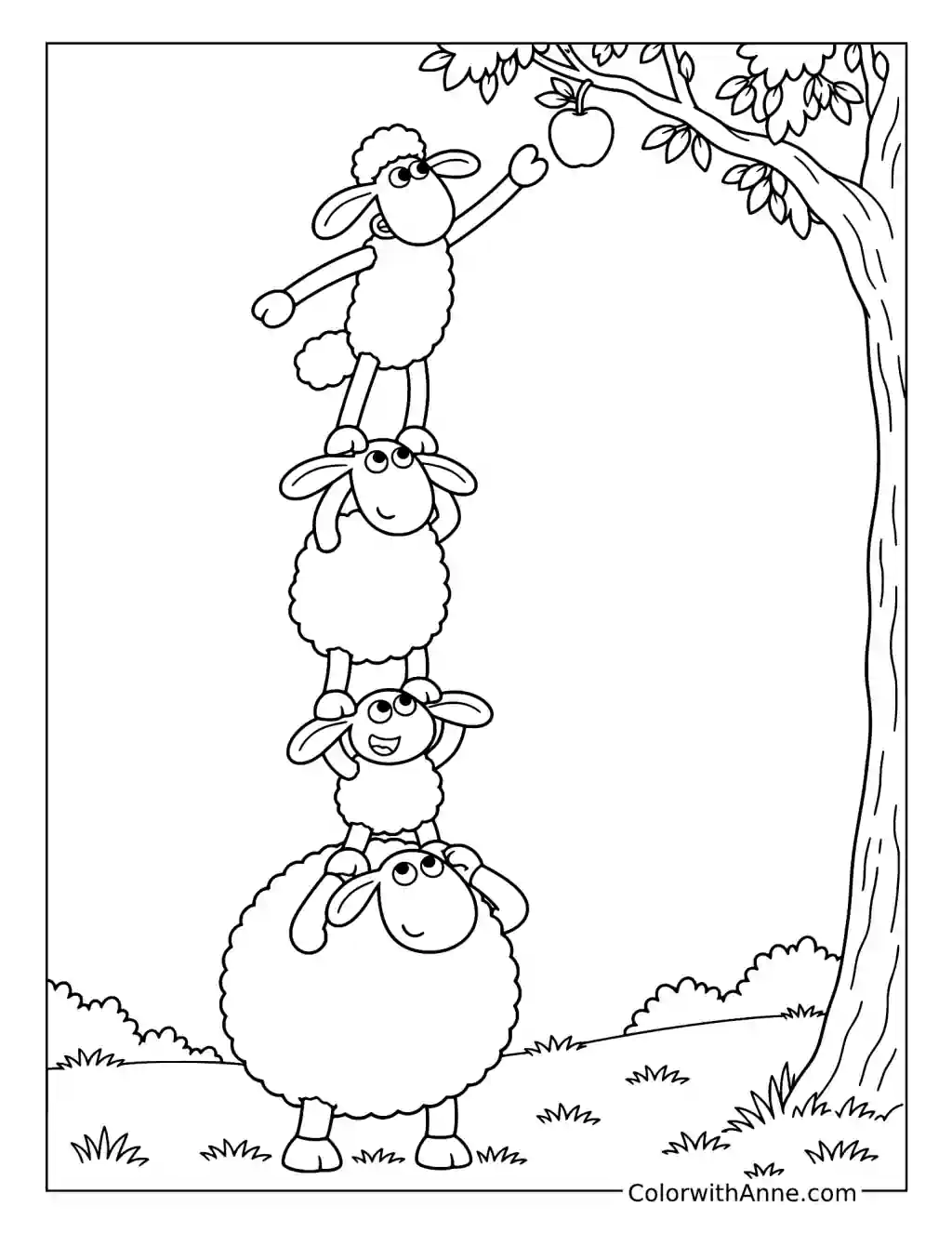 Shaun reaches for an apple from the top of a tower of sheep beside a tree.