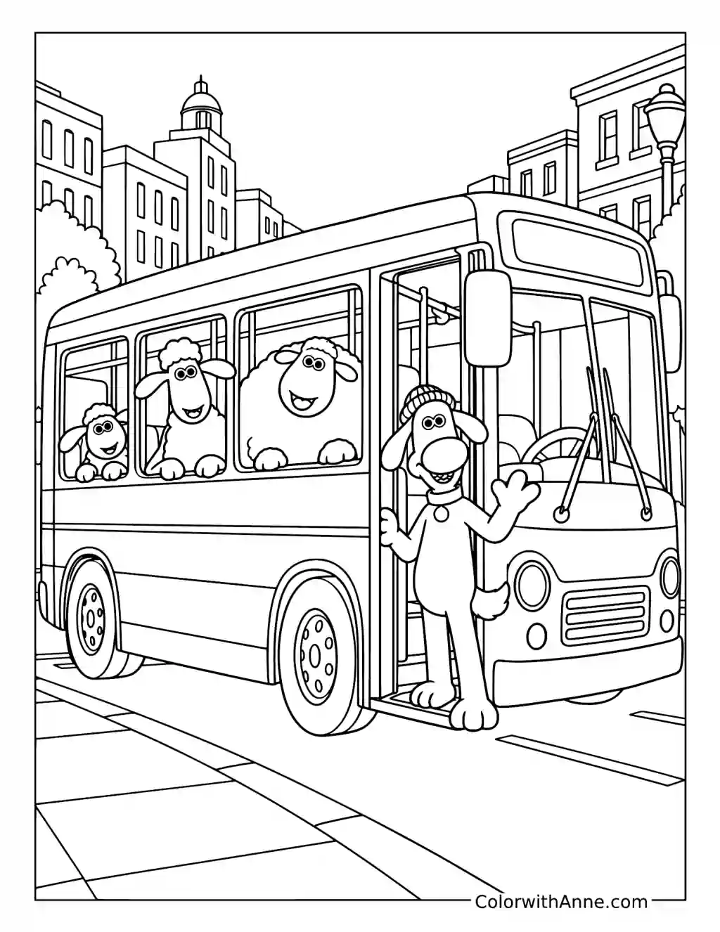 Bitzer stands by a city bus with Shaun and the flock looking through its windows.
