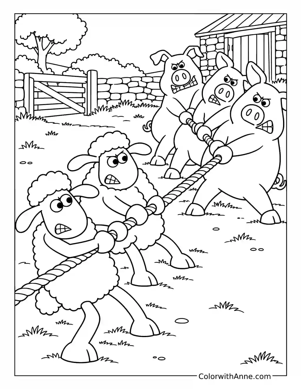 Shaun and another sheep pull a rope against three pigs in the farmyard.