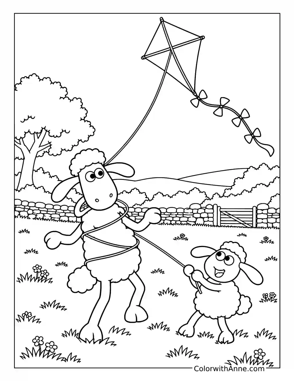 Shaun and Timmy hold a kite string beneath a diamond shaped kite above the meadow.