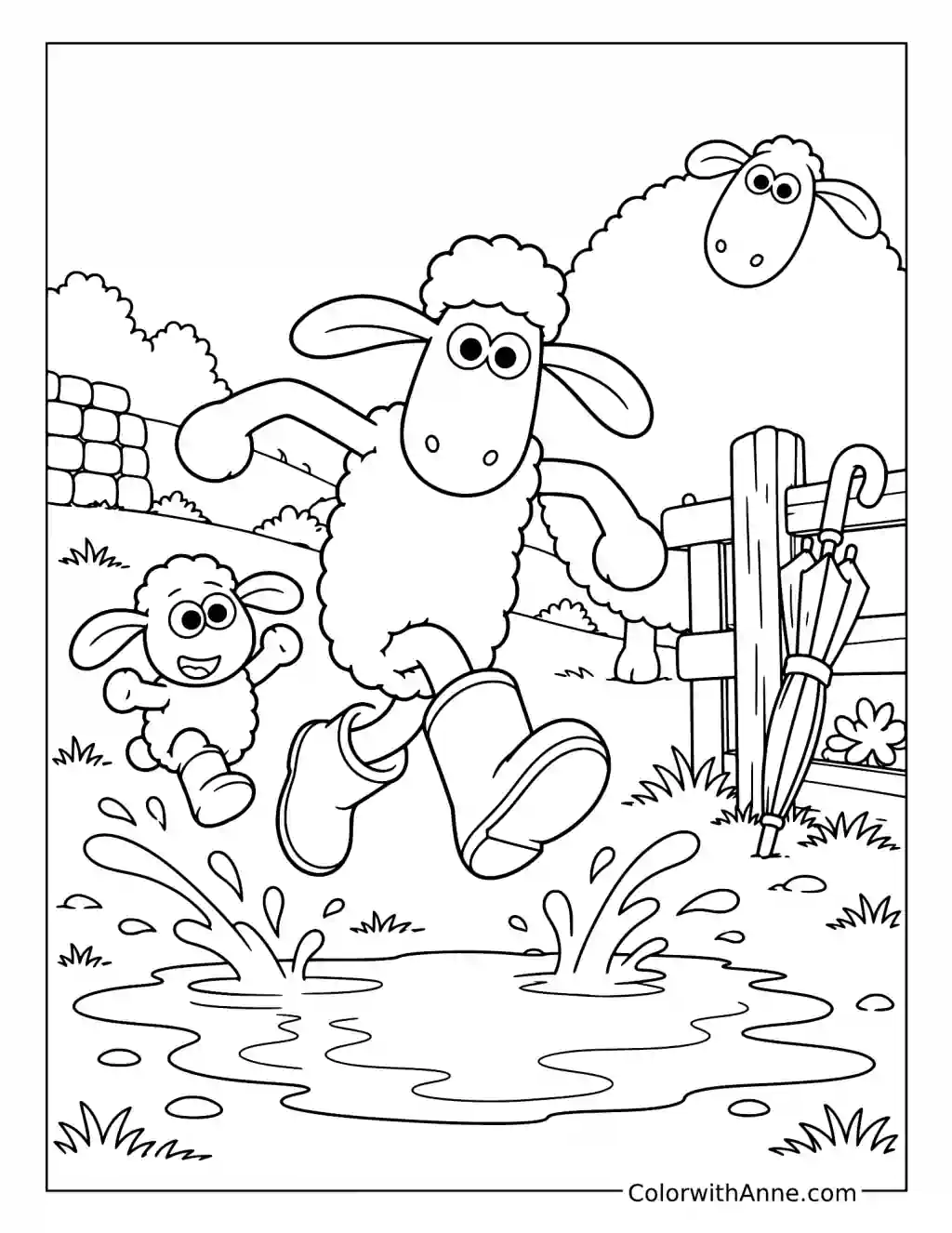 Shaun and Timmy leap above a splashing puddle while a larger sheep watches near the fence.