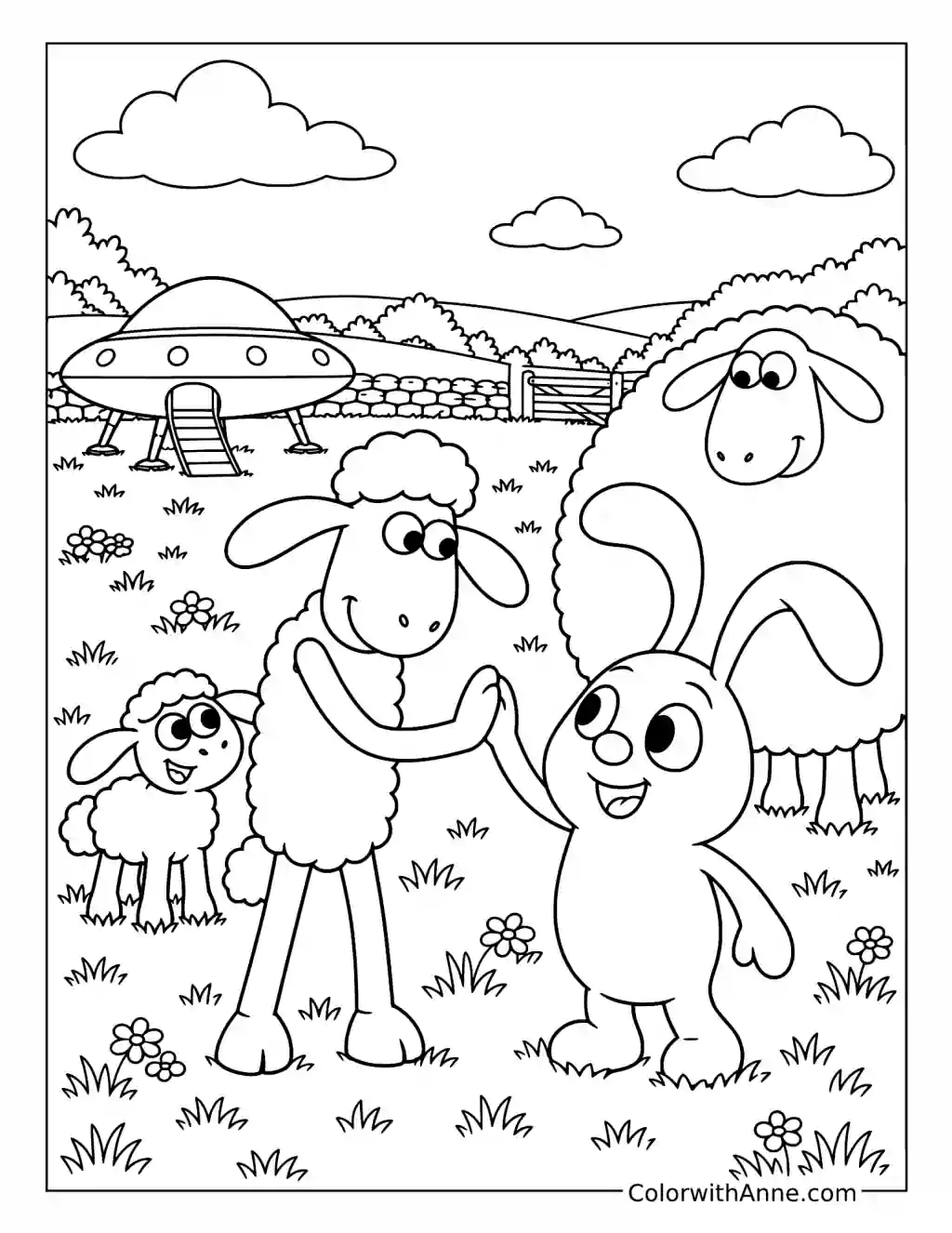 Shaun greets Lu-La with Timmy nearby while a small spaceship rests in the meadow.