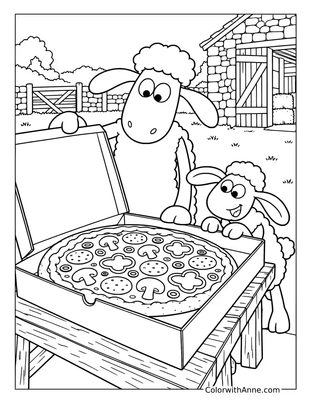 Shaun and Timmy look into an open pizza box on a wooden farmyard table.