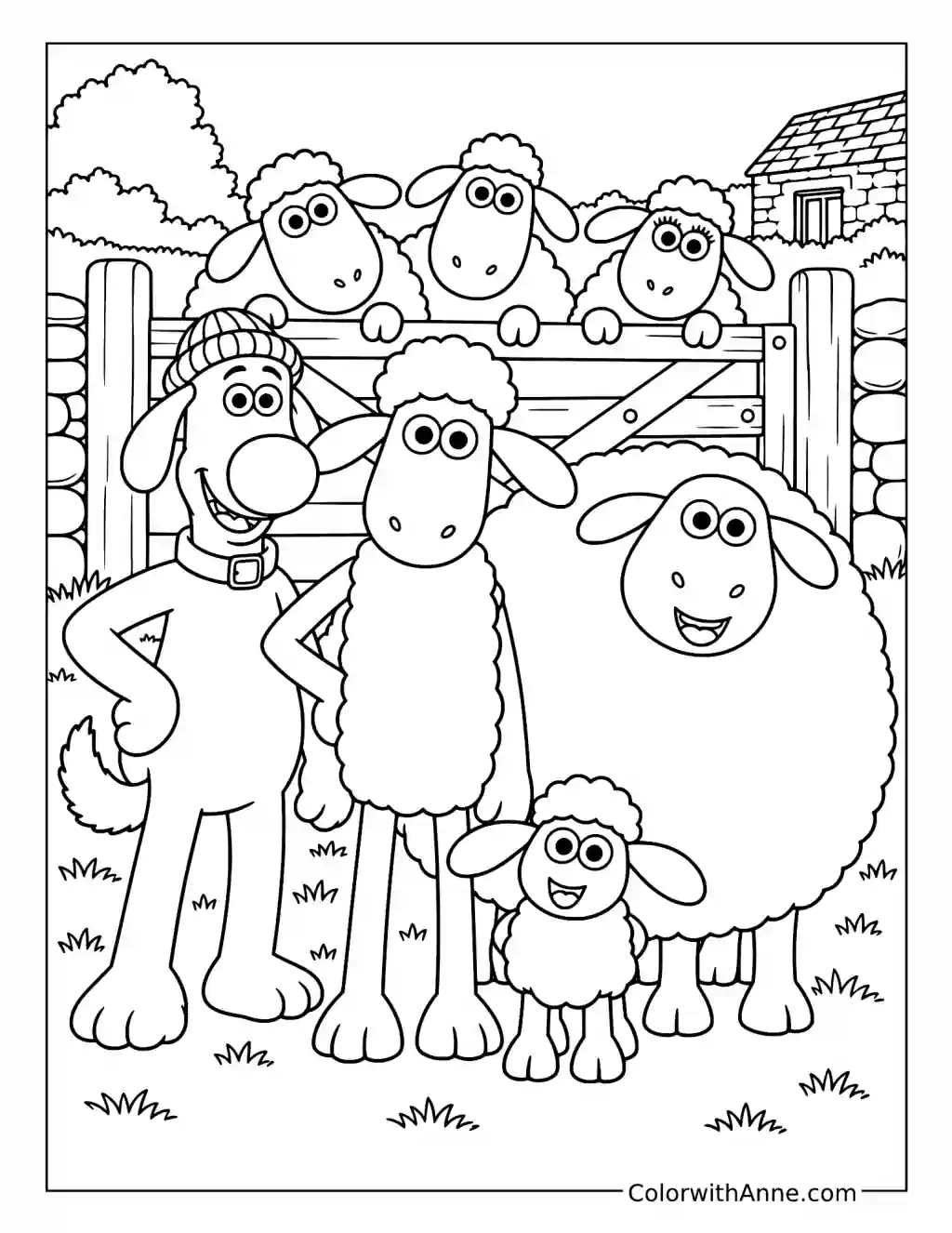 Shaun, Bitzer, Shirley, and Timmy gather with other sheep beside a wooden farm gate.