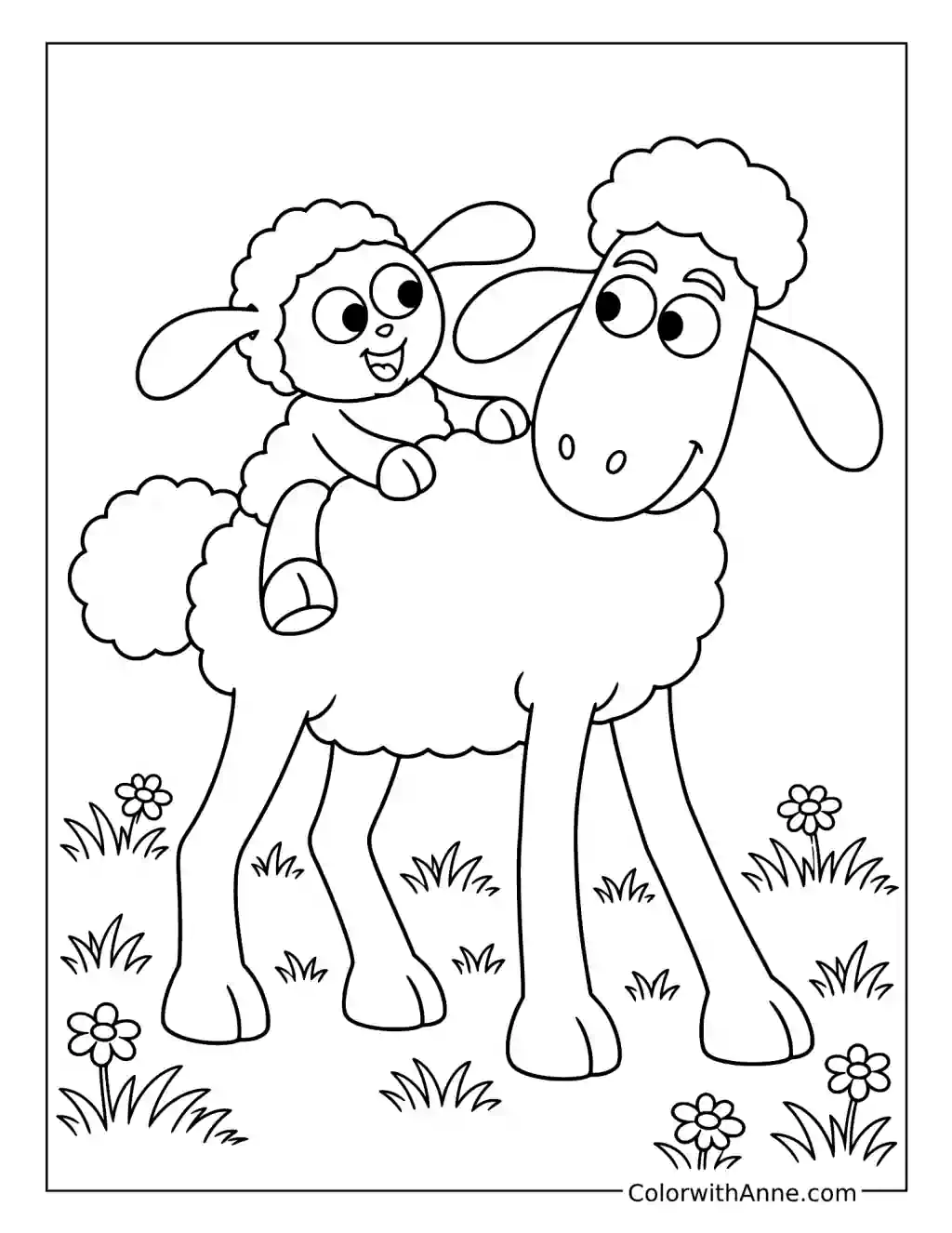 Timmy sits on Shaun's back as they smile at each other among small flowers.