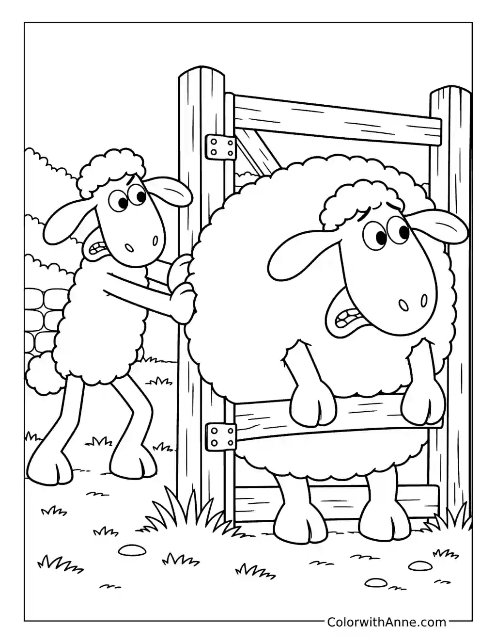 Shaun pushes Shirley as she squeezes between the rails of a wooden farm gate.