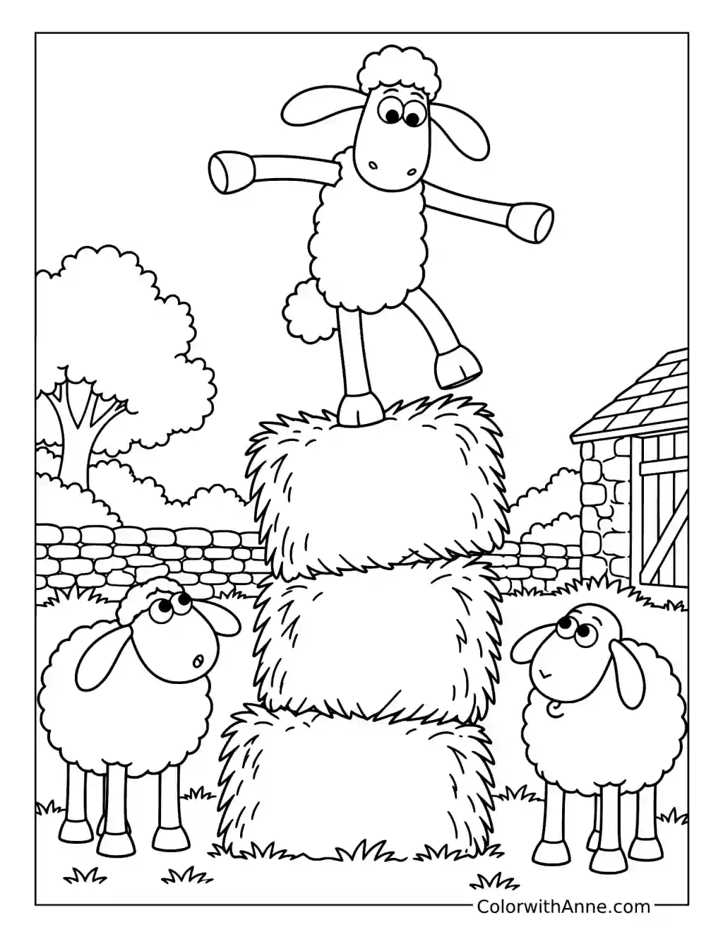 Shaun balances on three stacked hay bales while two sheep watch from below.