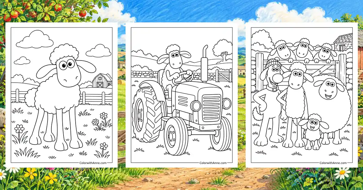 Three Shaun the Sheep coloring sheets show a meadow, tractor, and flock against a colorful farm background.