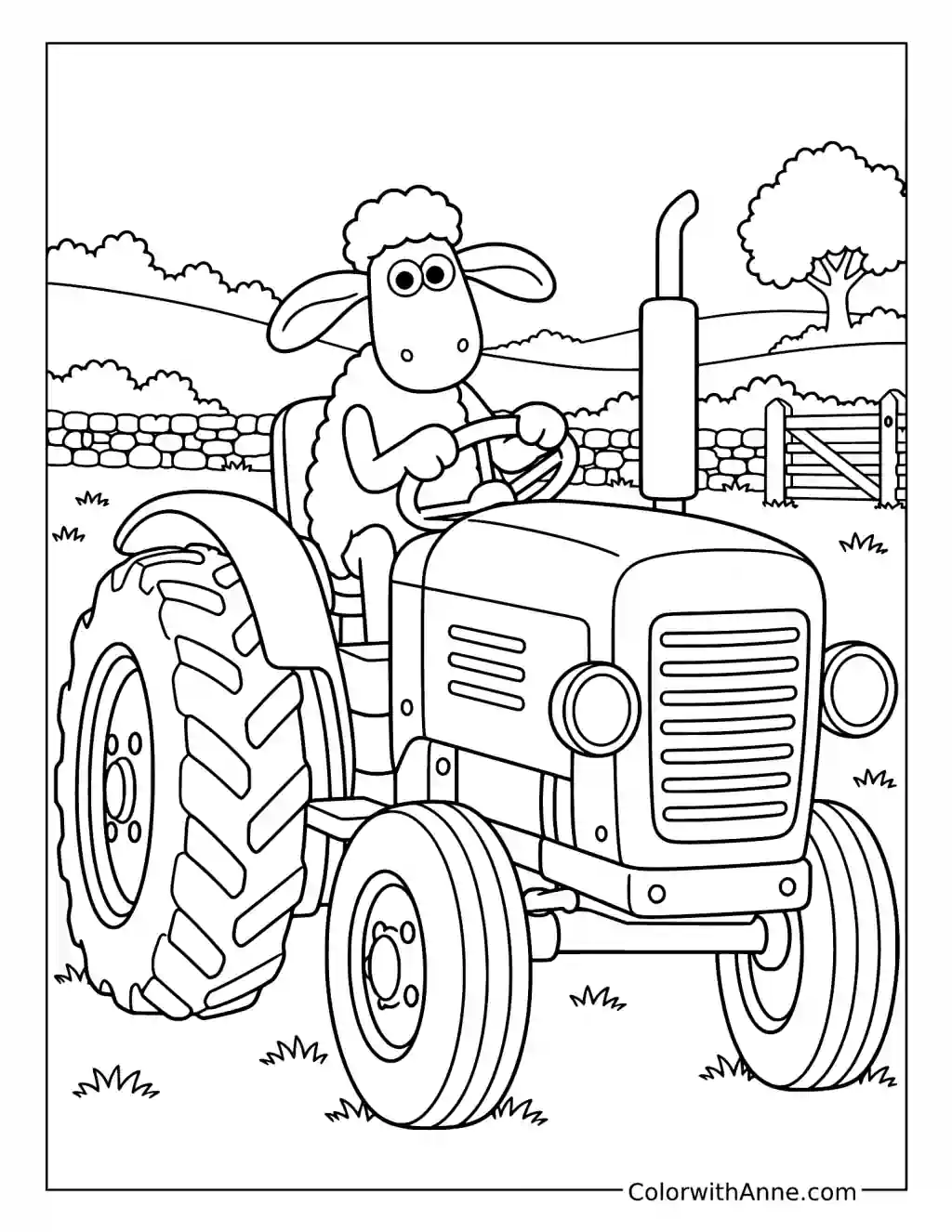 Shaun sits at the wheel of a tractor beside a stone wall and wooden gate.