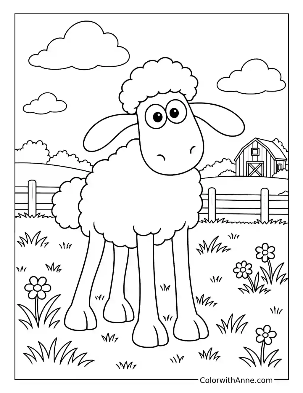 Shaun stands among meadow flowers with a fence, barn, and clouds in the background.
