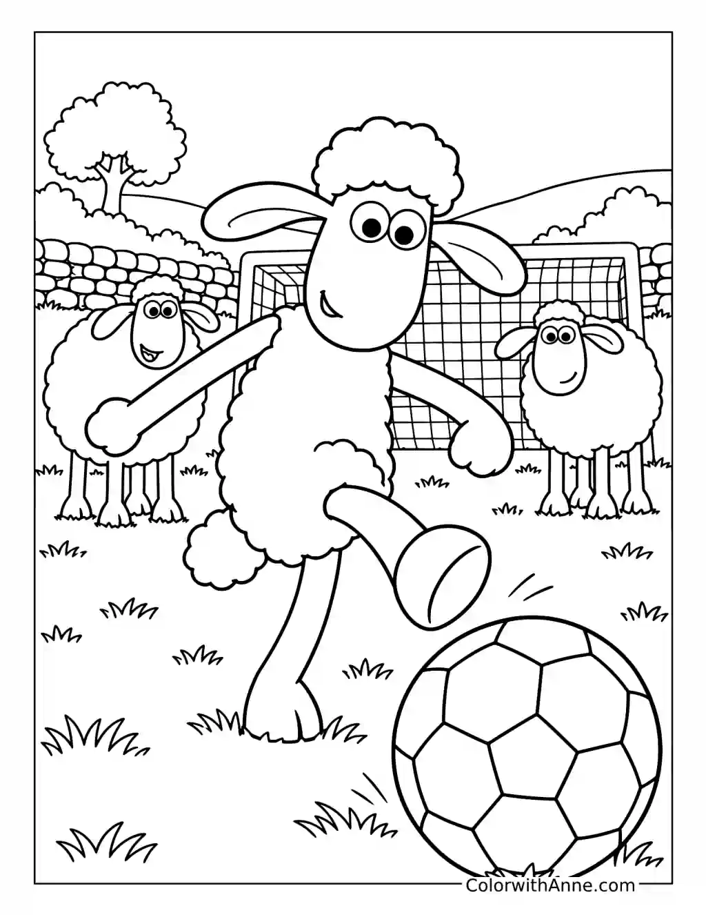 Shaun kicks a football toward the foreground while two sheep stand beside a goal.