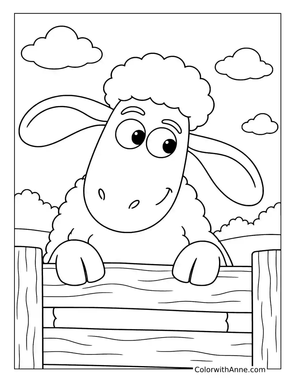 Shaun rests his hooves on a wooden fence beneath clouds and distant bushes.