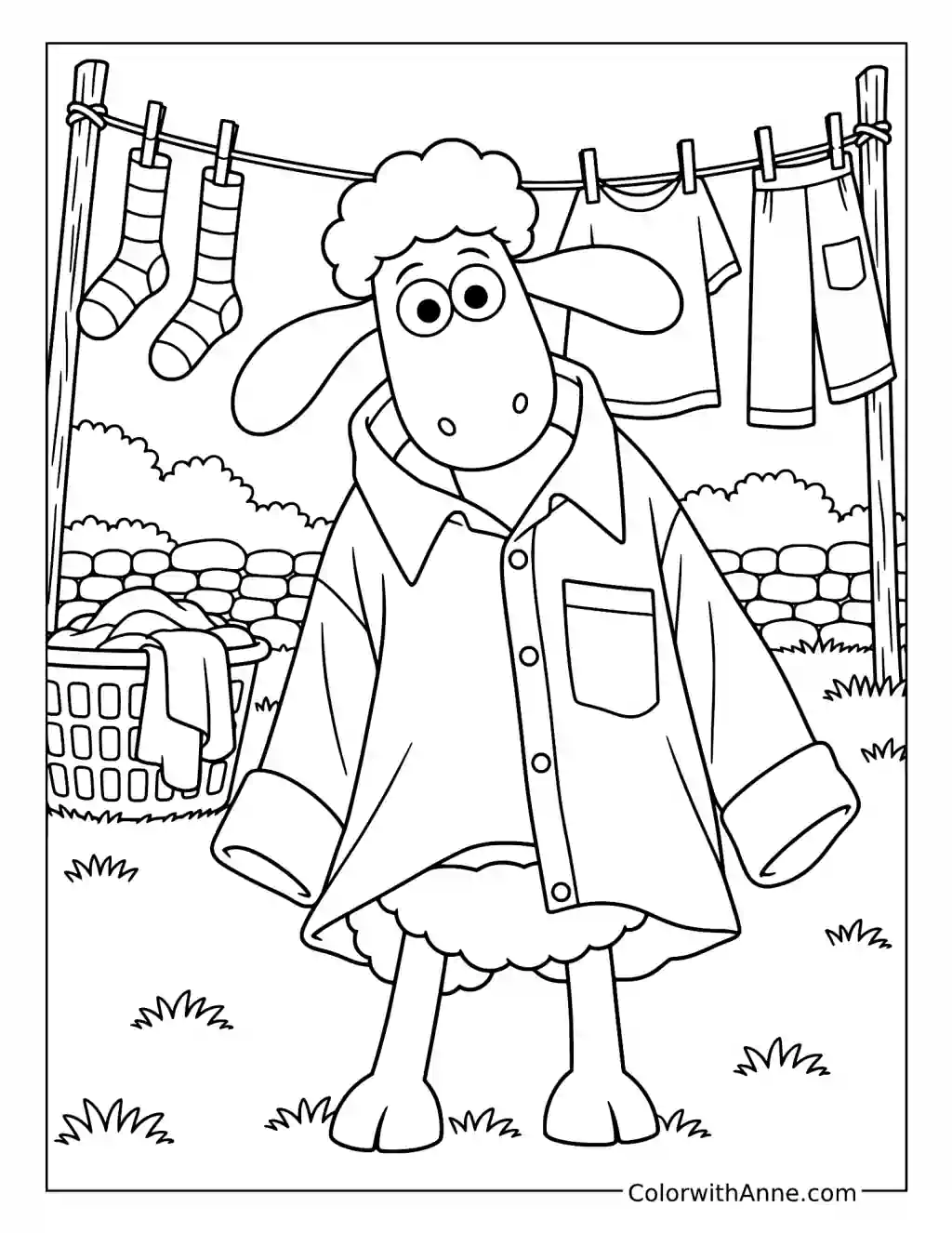 Shaun wears an oversized collared shirt beside a laundry basket and clothes hanging on a line.