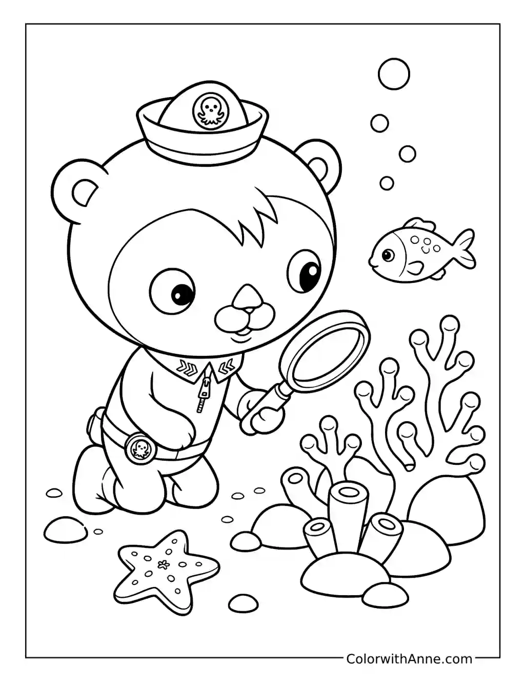 Shellington Examining Coral with a Magnifying Glass coloring page