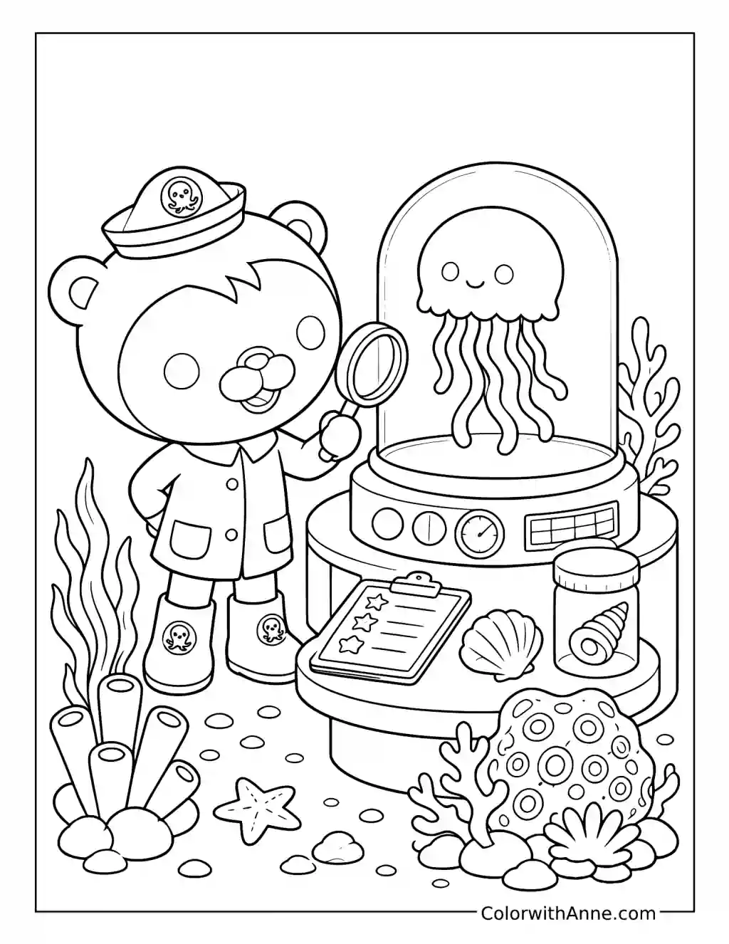 Shellington Studying Jellyfish in an Aquarium coloring page