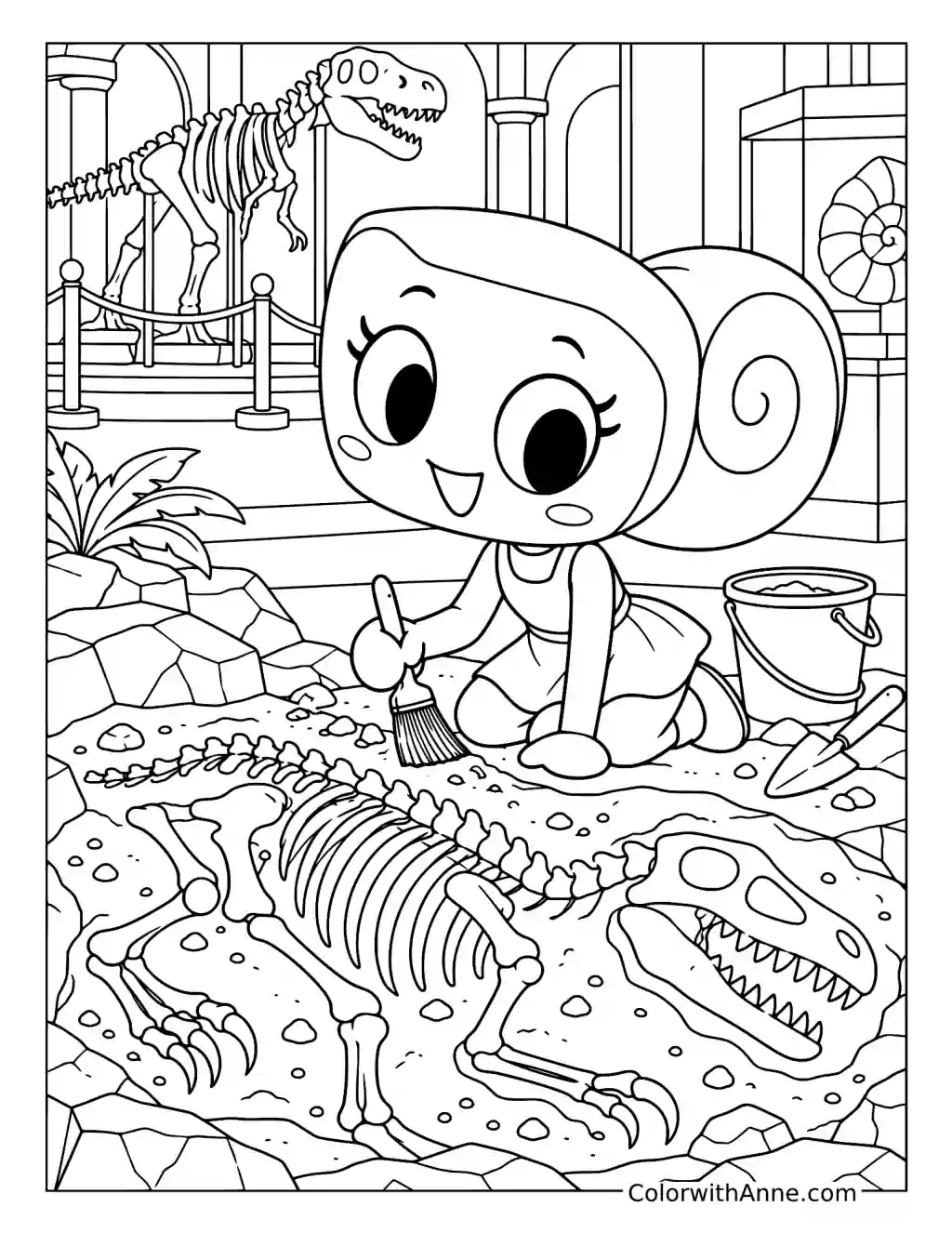Shelly brushes around dinosaur bones at a dig site with a skeleton displayed behind her.