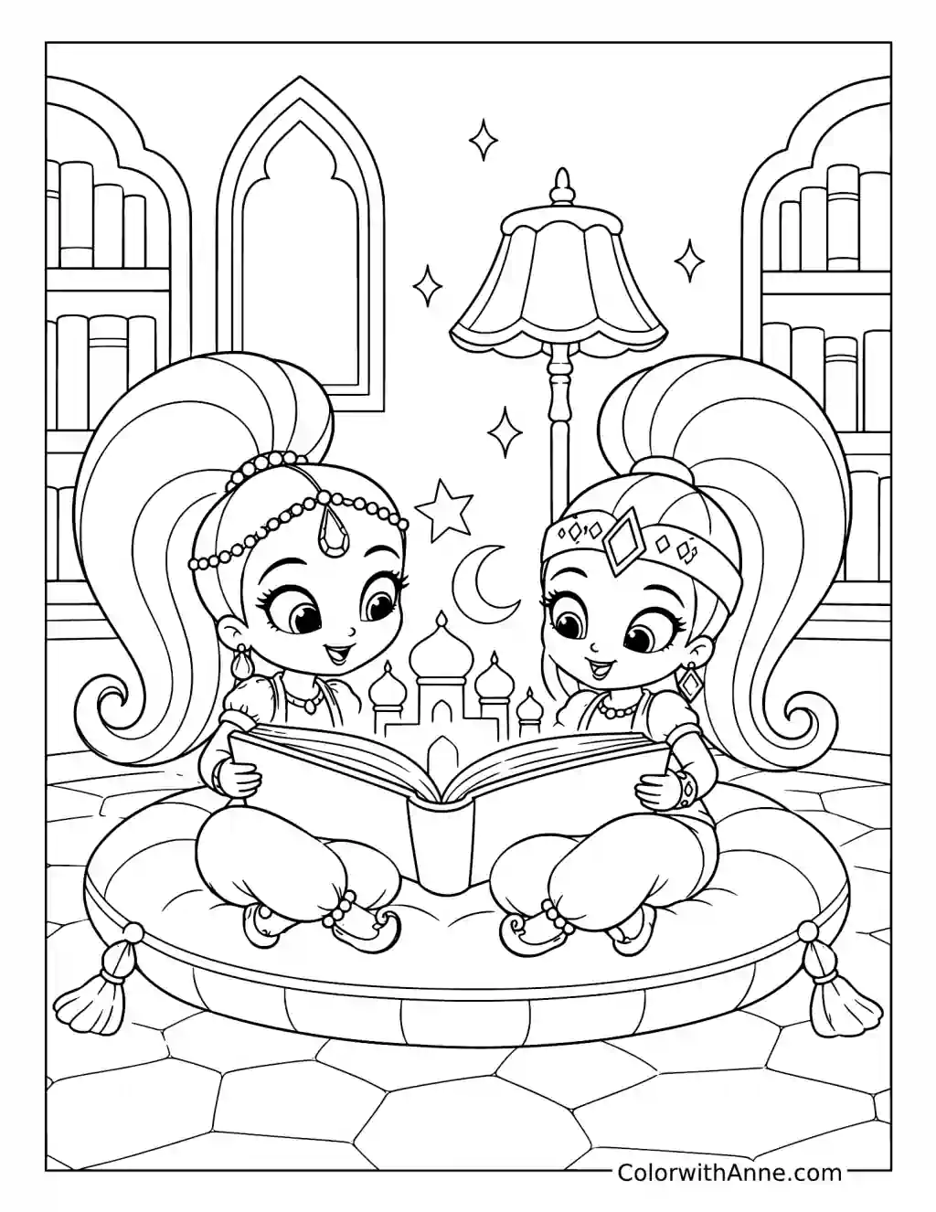 Shimmer and Shine's Enchanted Library coloring page
