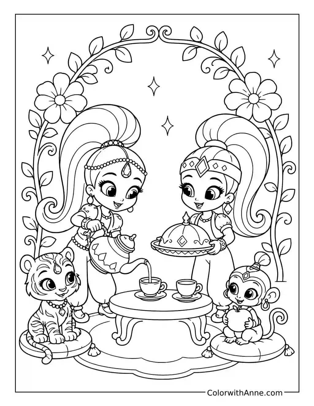 Shimmer and Shine's Garden Tea Party coloring page
