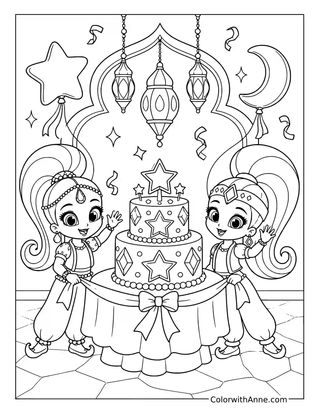 Shimmer and Shine's Palace Cake Celebration coloring page