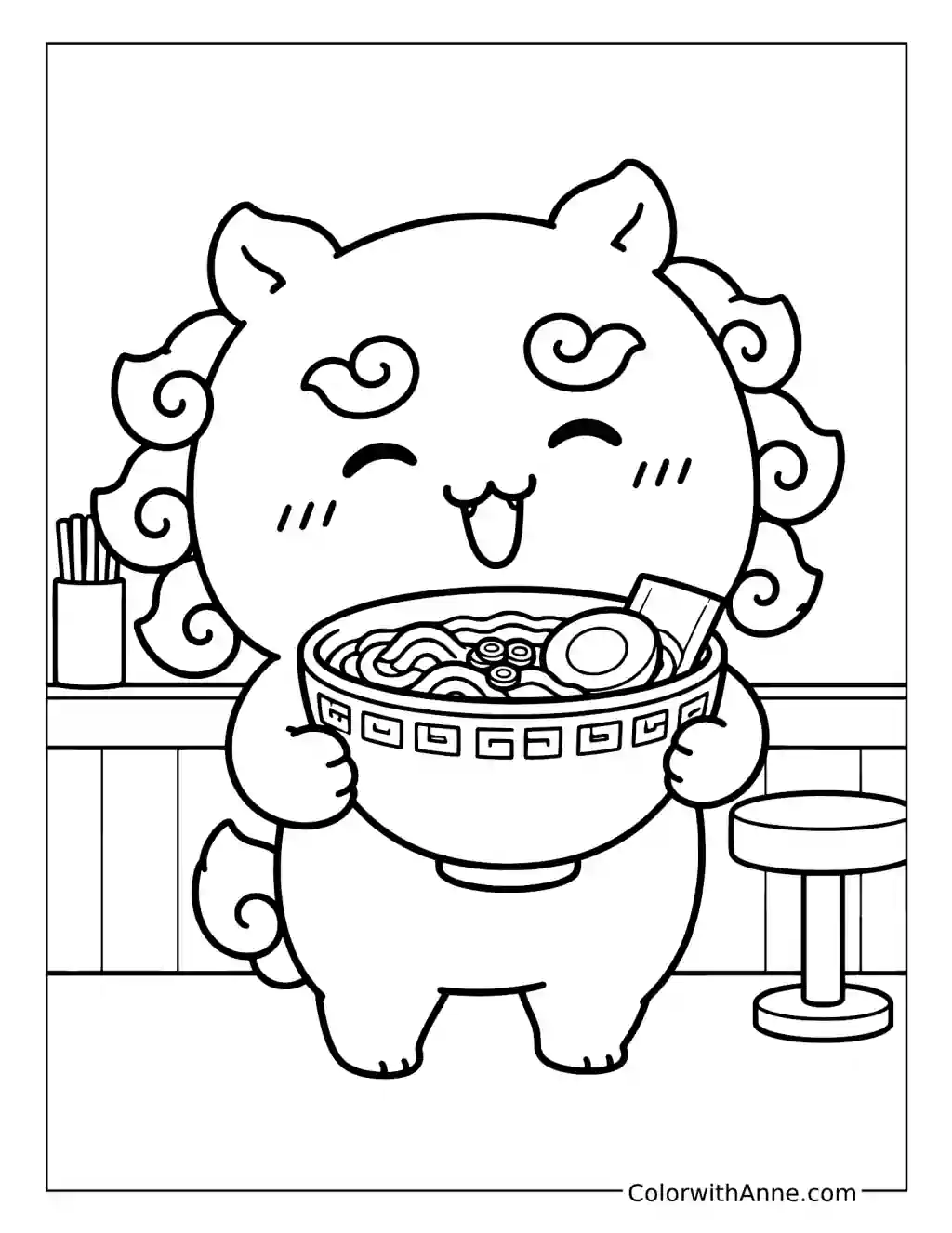Shisa Proudly Holds a Ramen Bowl coloring page