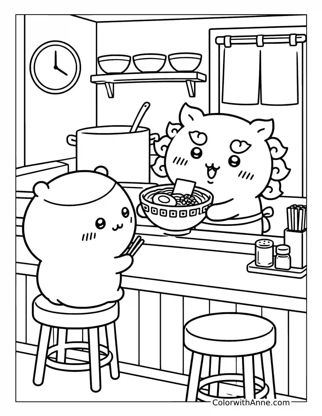 Shisa Serves Ramen to Kurimanju coloring page