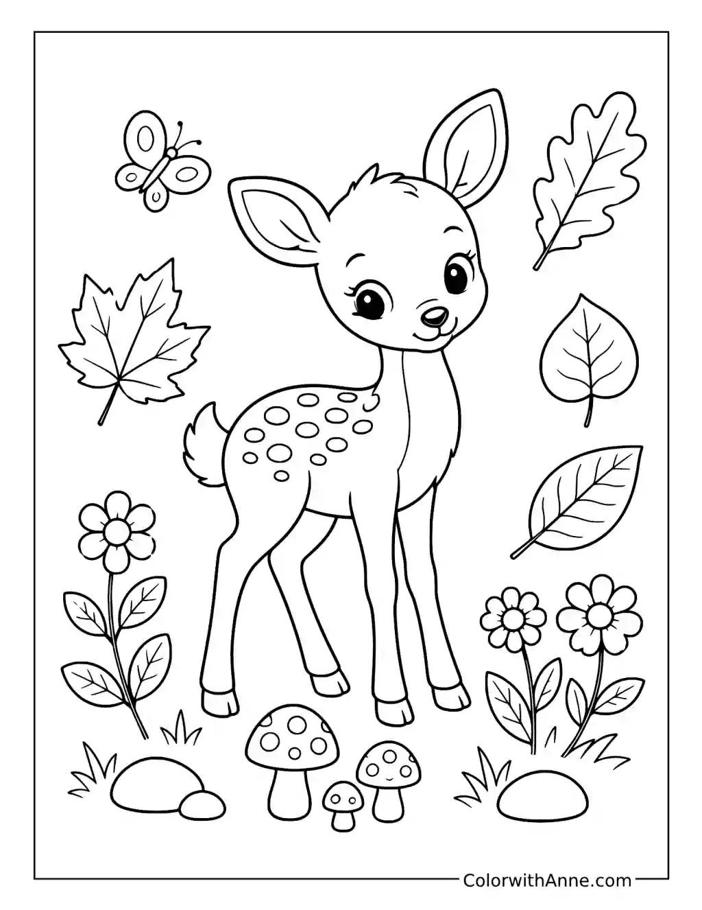 Shy Baby Deer Among Woodland Flowers coloring page