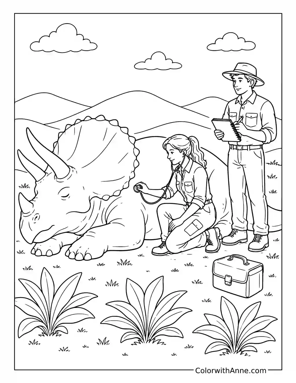 Sick Triceratops with Dr. Ellie Sattler coloring page