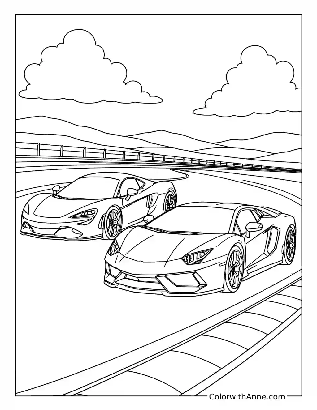 Side-by-Side Supercars on a Curving Track coloring page