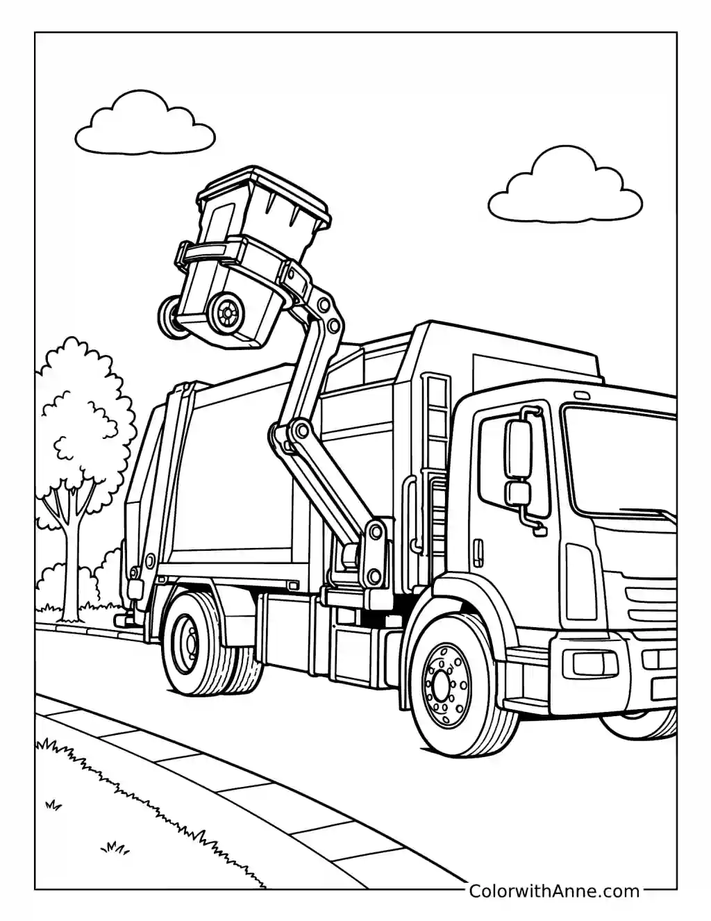 Side Loader Lifting a Garbage Bin coloring page