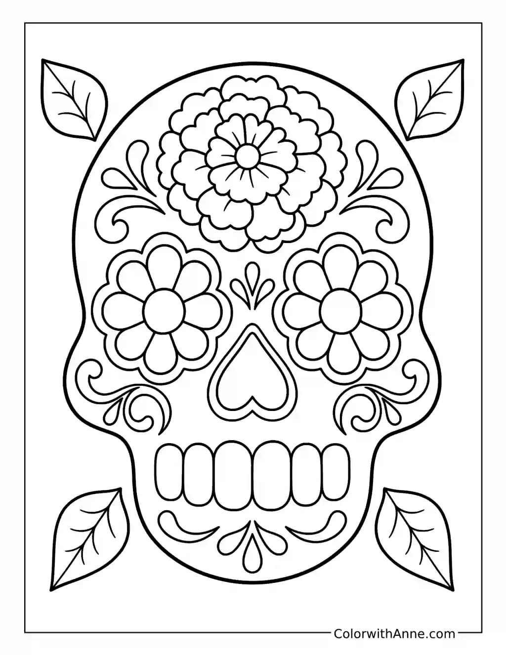 Simple Sugar Skull with Daisy Eyes and a Forehead Flower coloring page