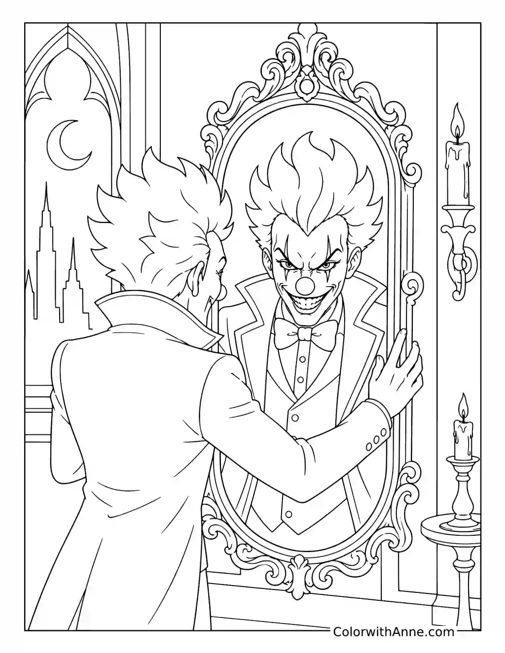 Sinister Clown Before an Ornate Mirror coloring page
