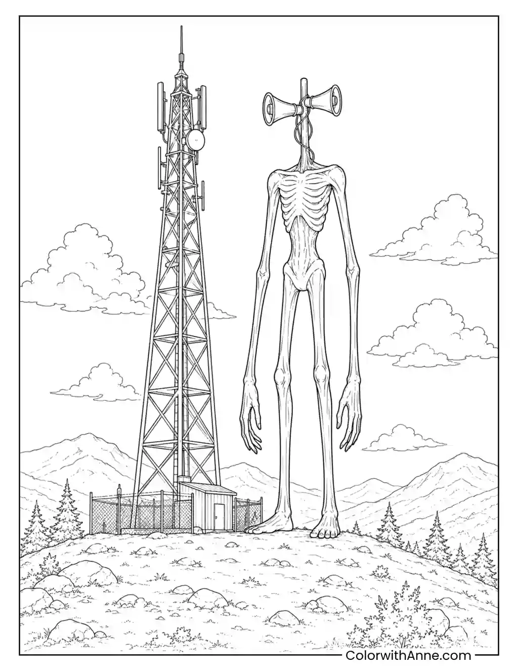 Siren Head Beside a Radio Tower coloring page