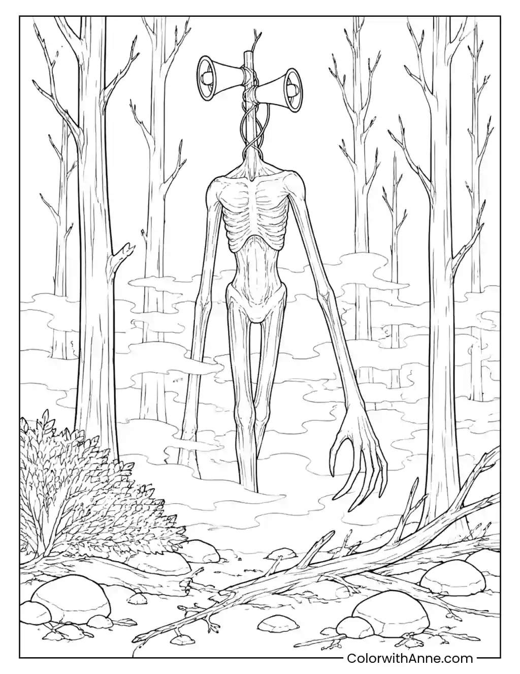 Siren Head Emerging from the Fog coloring page