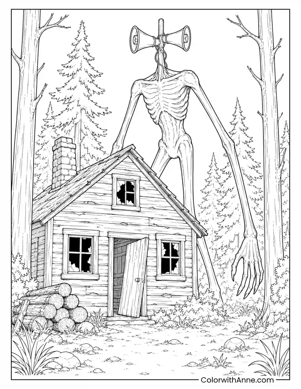 Siren Head Near an Abandoned Cabin coloring page