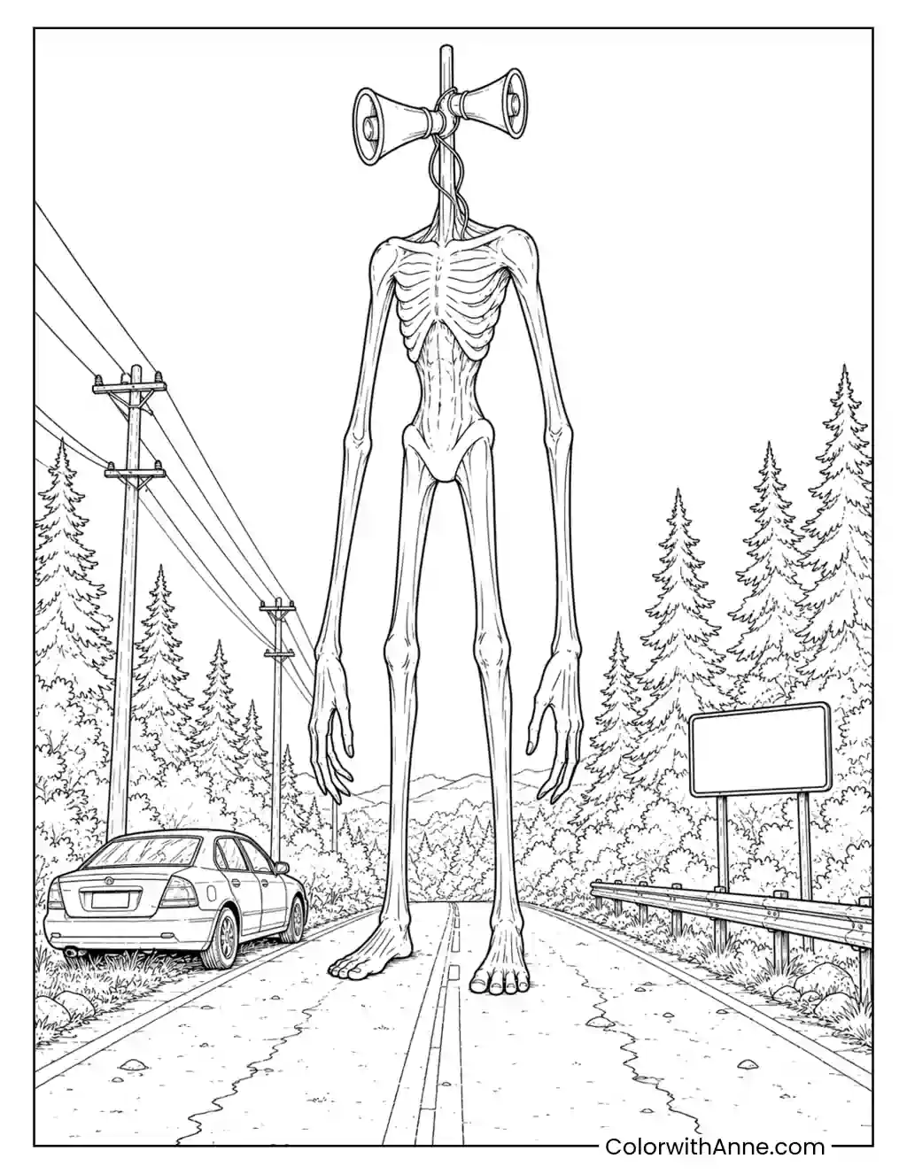 Siren Head on an Abandoned Road coloring page
