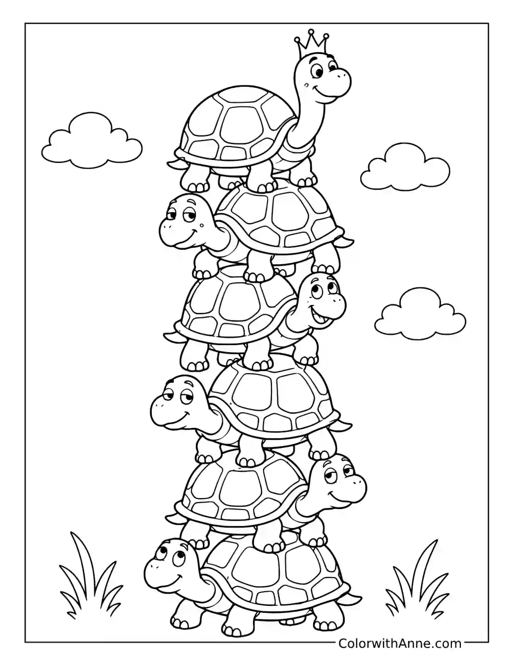 Six-Turtle Tower with a Crown coloring page