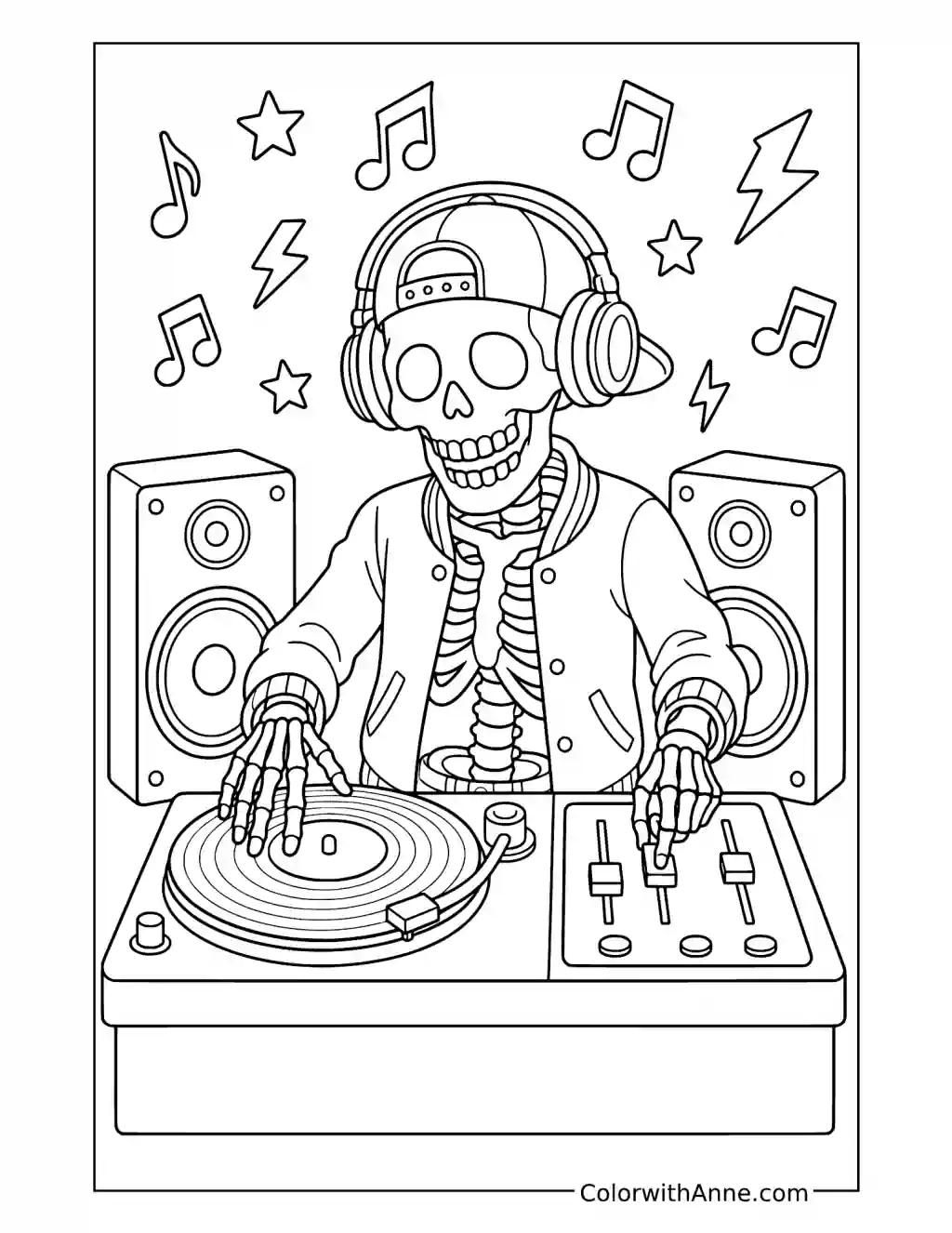 Skeleton DJ Mixing Records coloring page