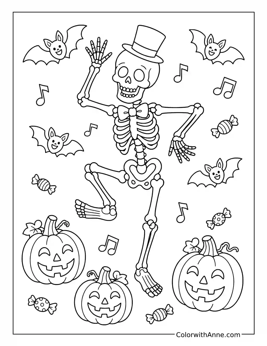 Skeleton in a Top Hat Dancing among Pumpkins coloring page