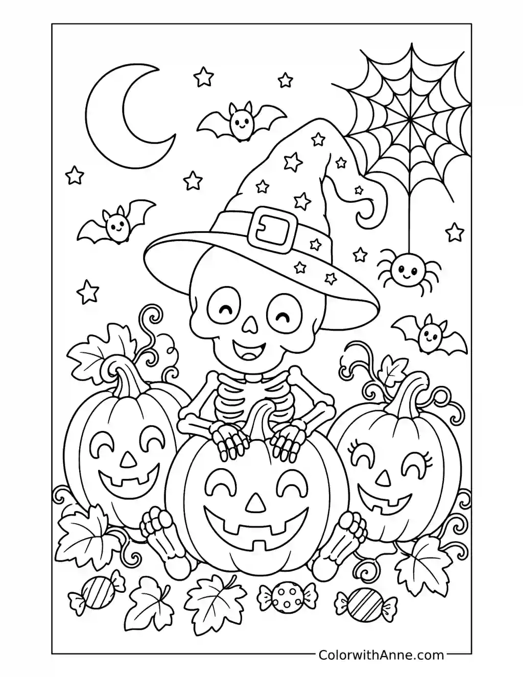 Skeleton in a Witch Hat with Jack-o'-Lanterns coloring page