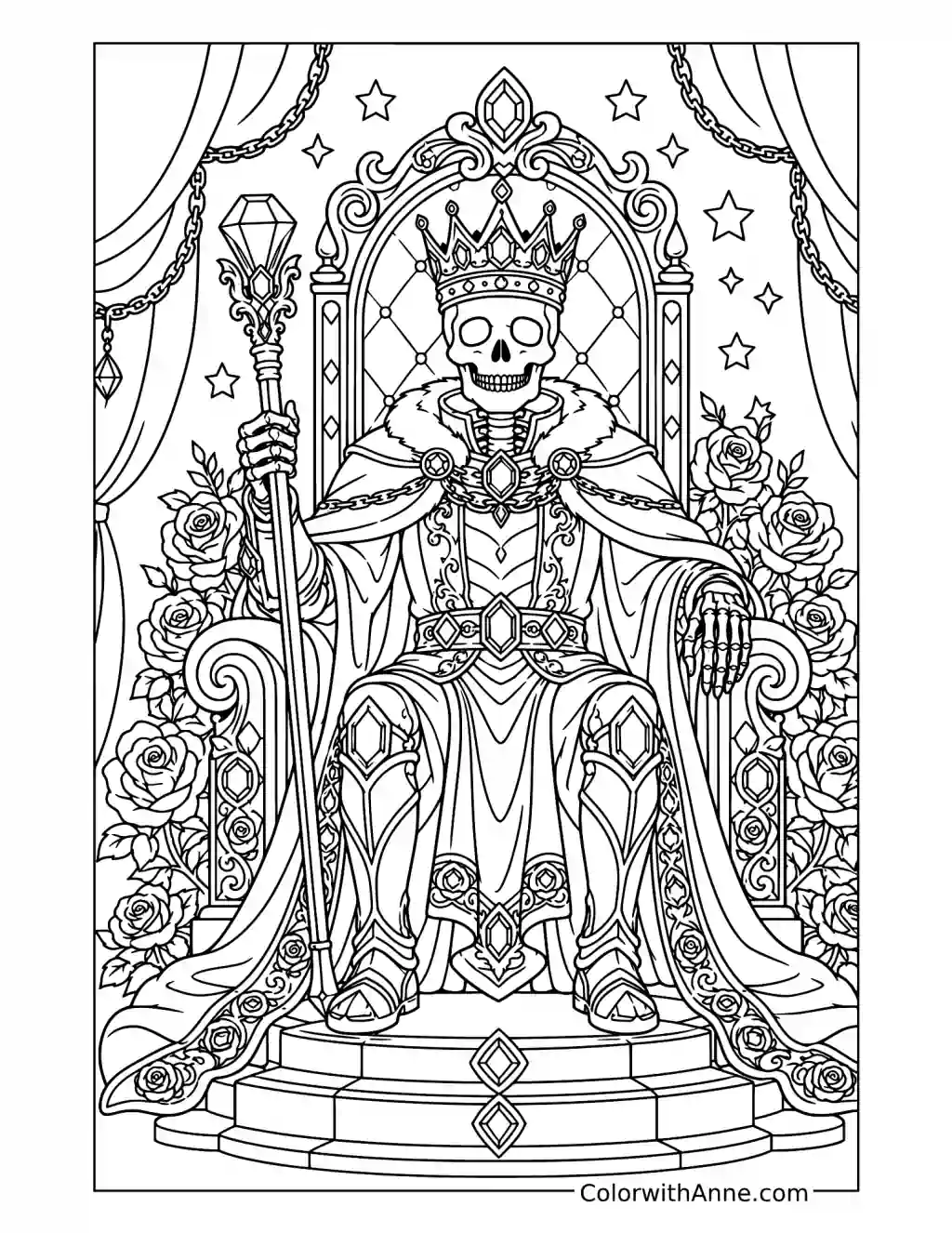Skeleton King Seated on an Ornate Throne coloring page