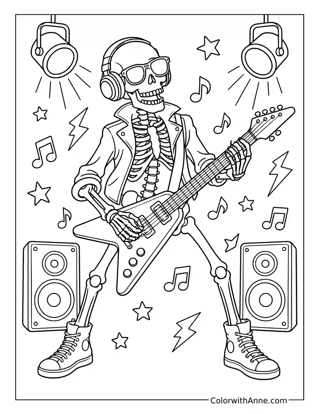 Skeleton Playing a Flying V Guitar coloring page
