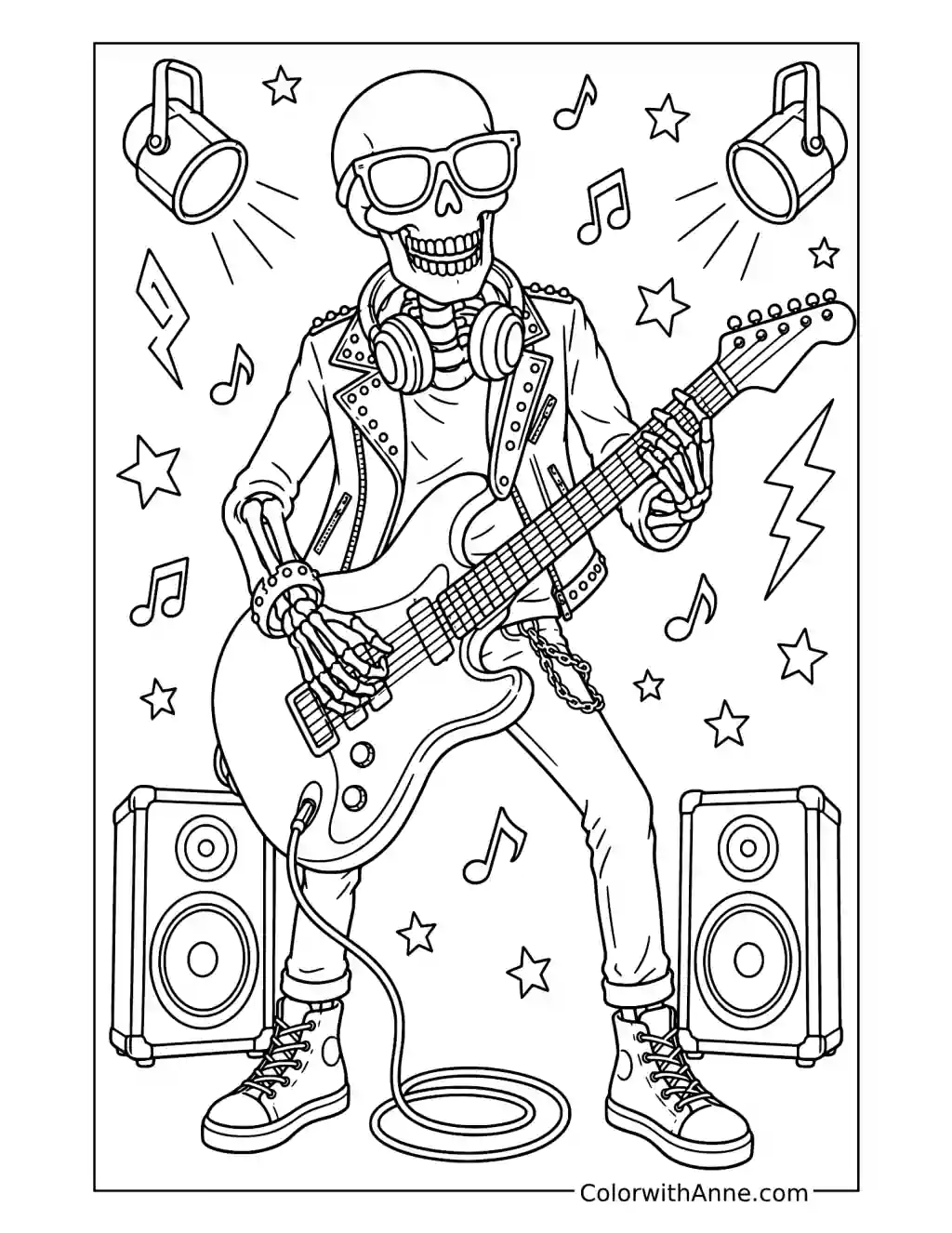 Skeleton Rock Guitarist in a Studded Jacket coloring page