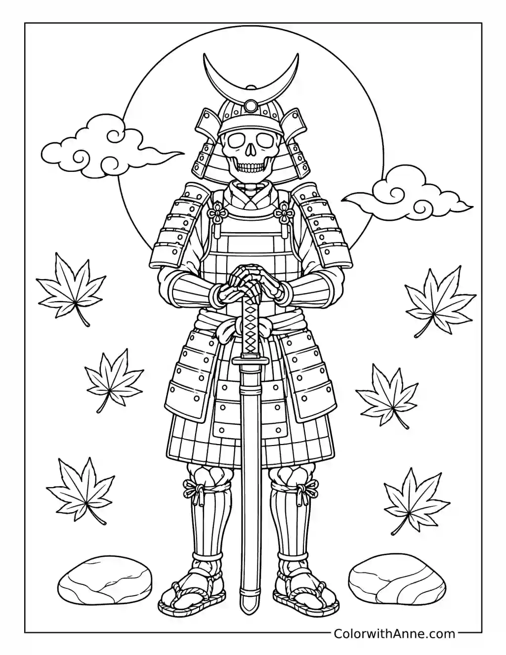 Skeleton Samurai Holding a Sword coloring page
