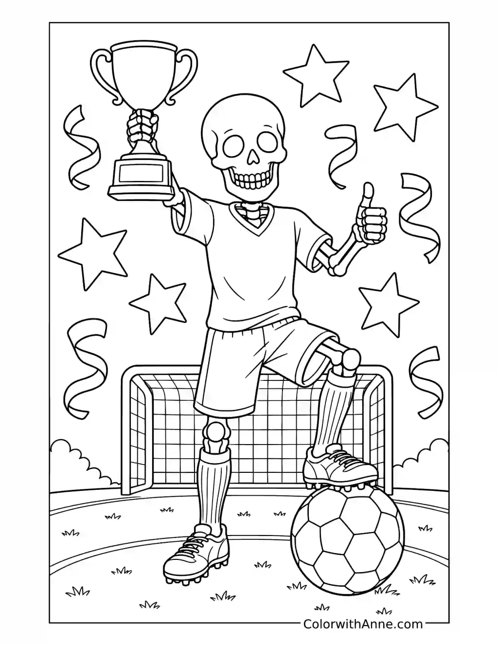 Skeleton Soccer Champion Raising a Trophy coloring page
