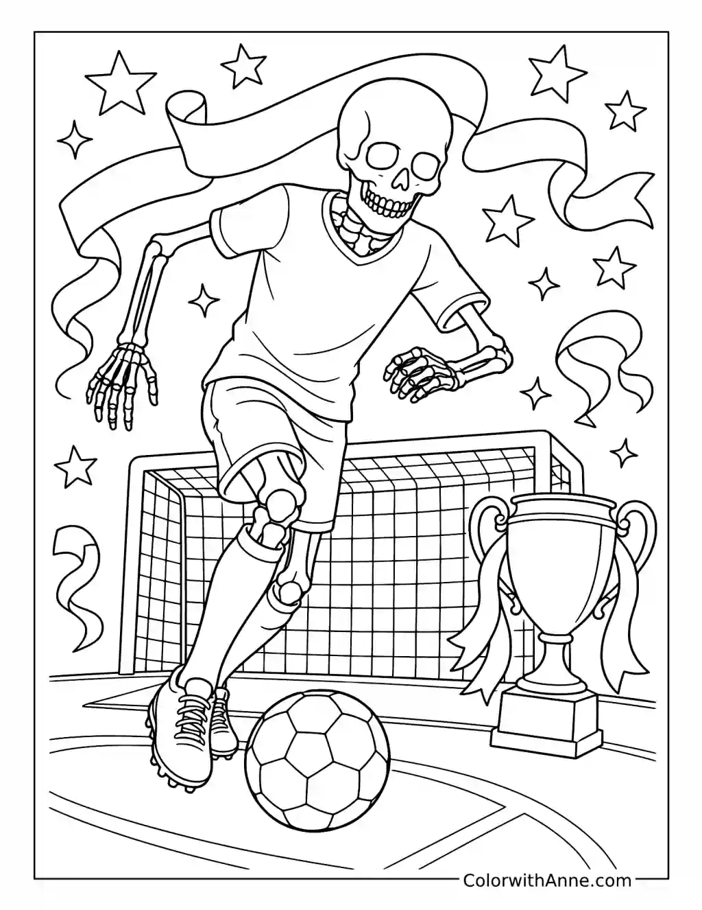 Skeleton Soccer Player Dribbling toward the Goal coloring page