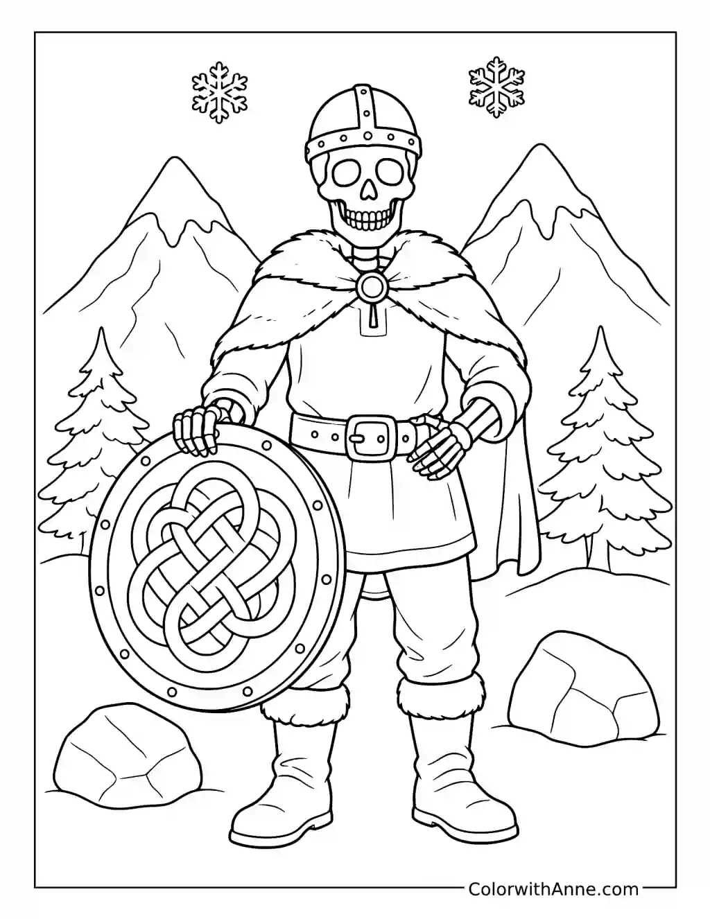 Skeleton Viking with a Shield in Snowy Mountains coloring page