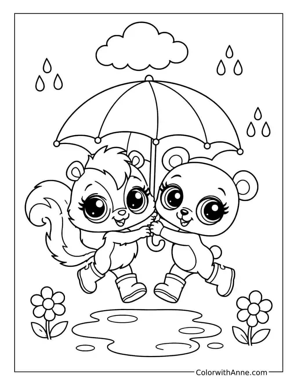 Skunk and Panda Sharing an Umbrella coloring page