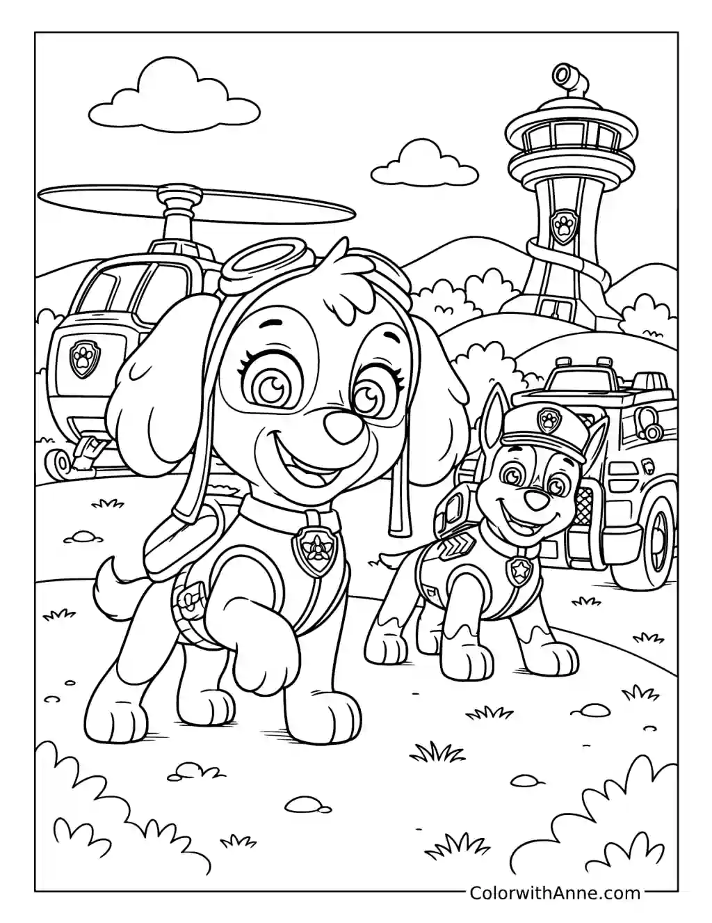 Skye and Chase at the Lookout Tower coloring page