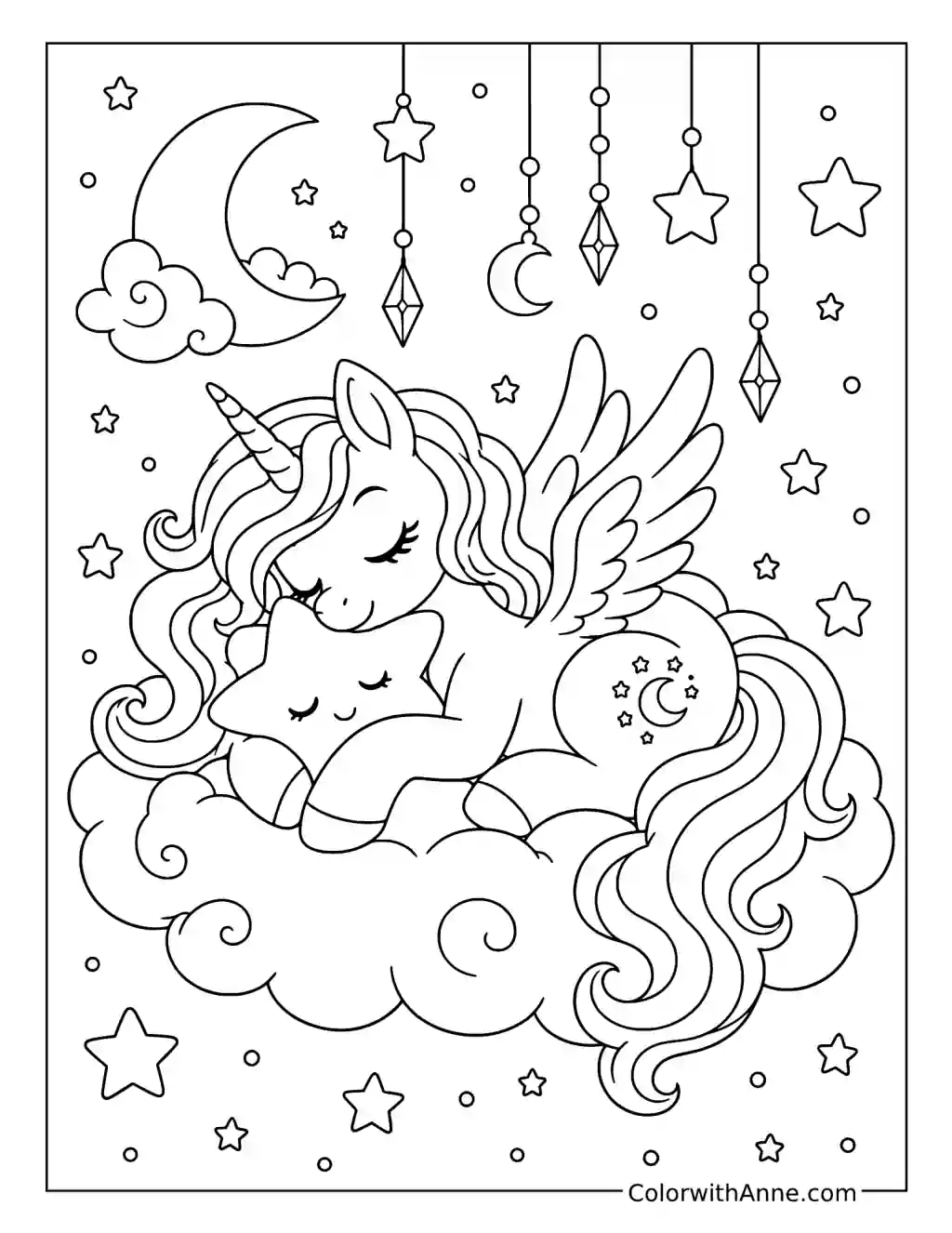 Sleeping Alicorn on a Fluffy Cloud coloring page