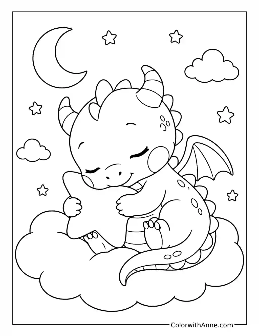 Sleeping Baby Dragon on a Cloud coloring page